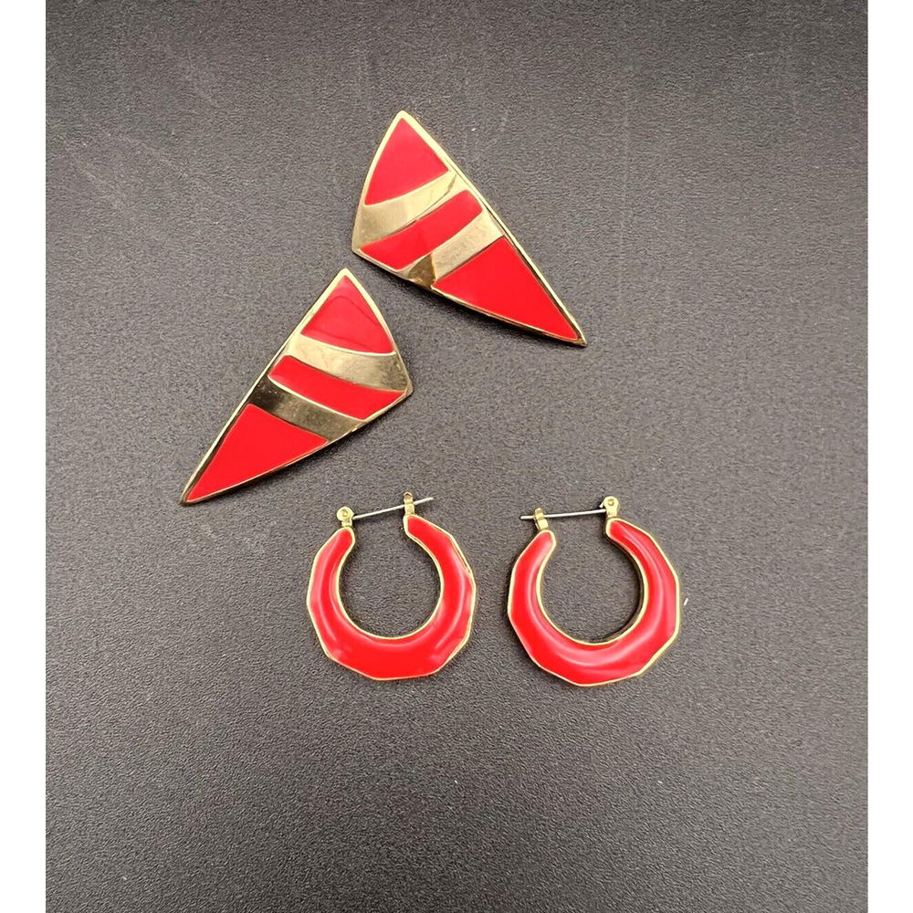 Vintage Lot of 2 Prs Red Enamel & Gold Tone Quality Fashion Pierced Earrings